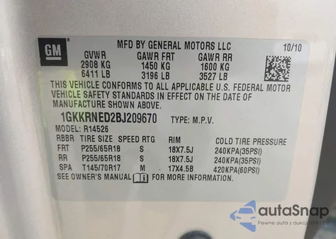 2011 GMC Acadia Sl z USA, uszkodzony, nr VIN 1GKKRNED2BJ209670